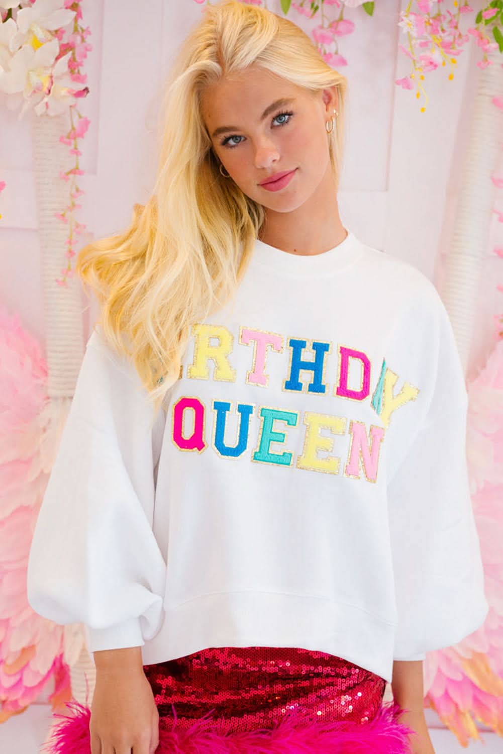 White BIRTHDAY QUEEN Graphic Balloon Sleeve Sweatshirt - Love Salve